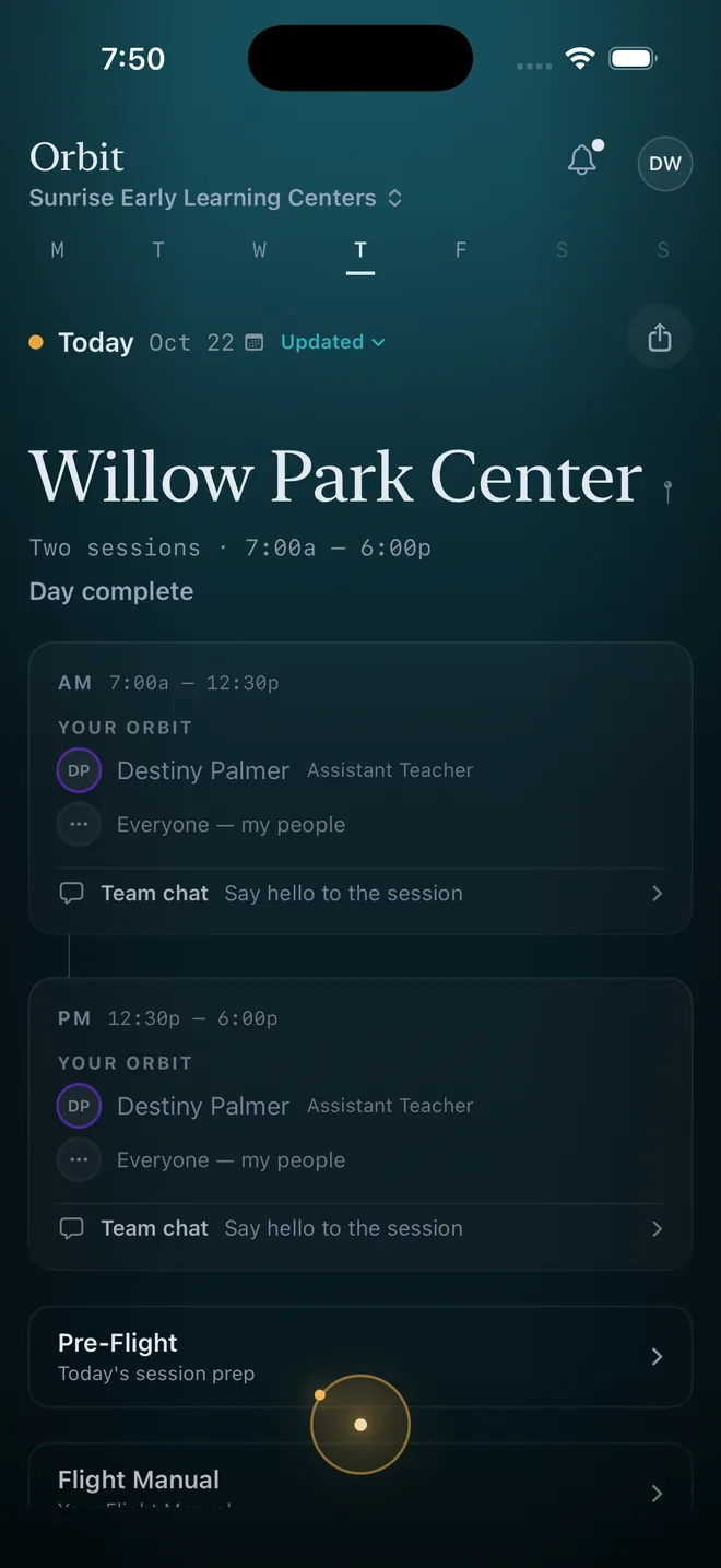 A lead teacher's day in Orbit on iPhone: Willow Park Center today, two sessions 7:00a to 6:00p, with her assistant teacher for AM and PM, and team chat for each session.