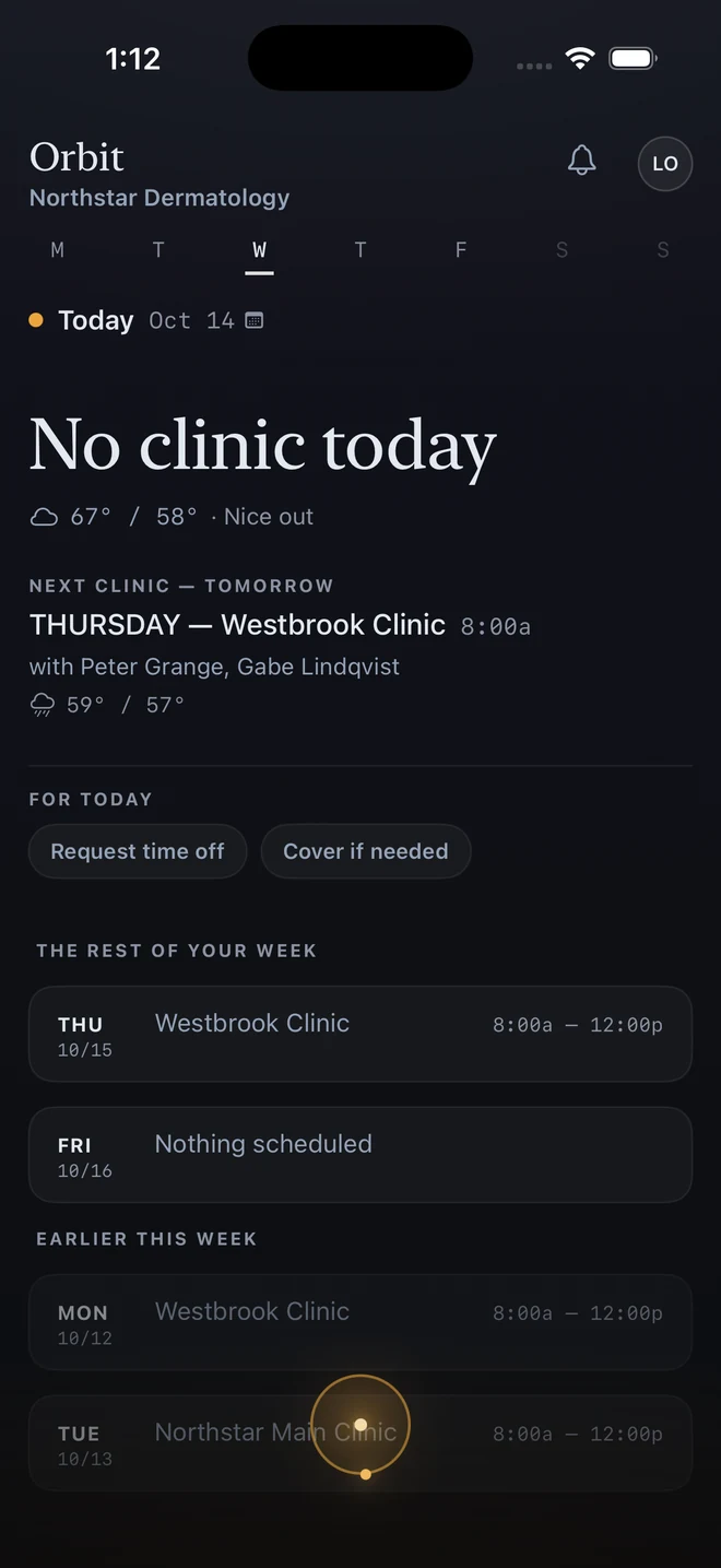 The Orbit day on an off day: No clinic today with the weather, then the next clinic — tomorrow at Westbrook Clinic at 8:00a, with who is working and the forecast.