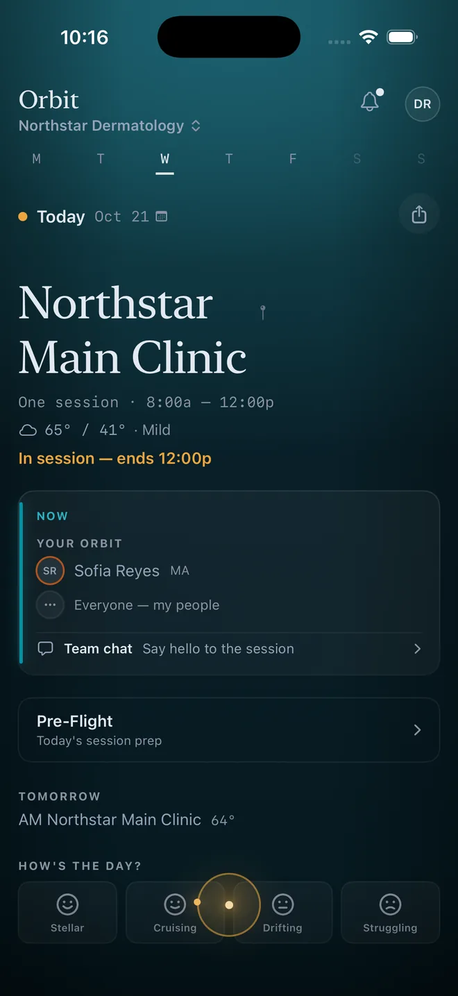 A provider's day in Orbit on iPhone: Northstar Main Clinic today, one session 8:00 to 12:00, in session, with Sofia Reyes, MA, and tomorrow's clinic below.